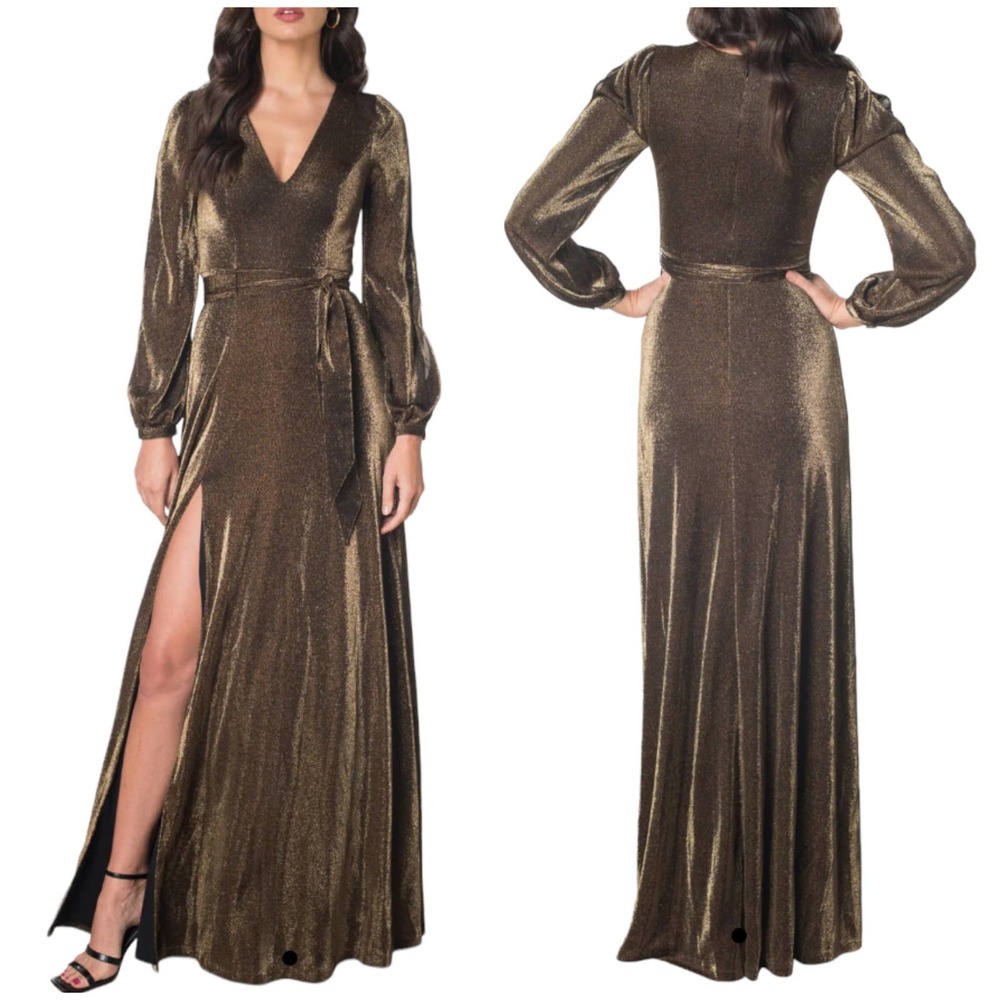 Dress The Population NWT Eris Floor-Length Gold Gown Size L Long Sleeve V-Neck